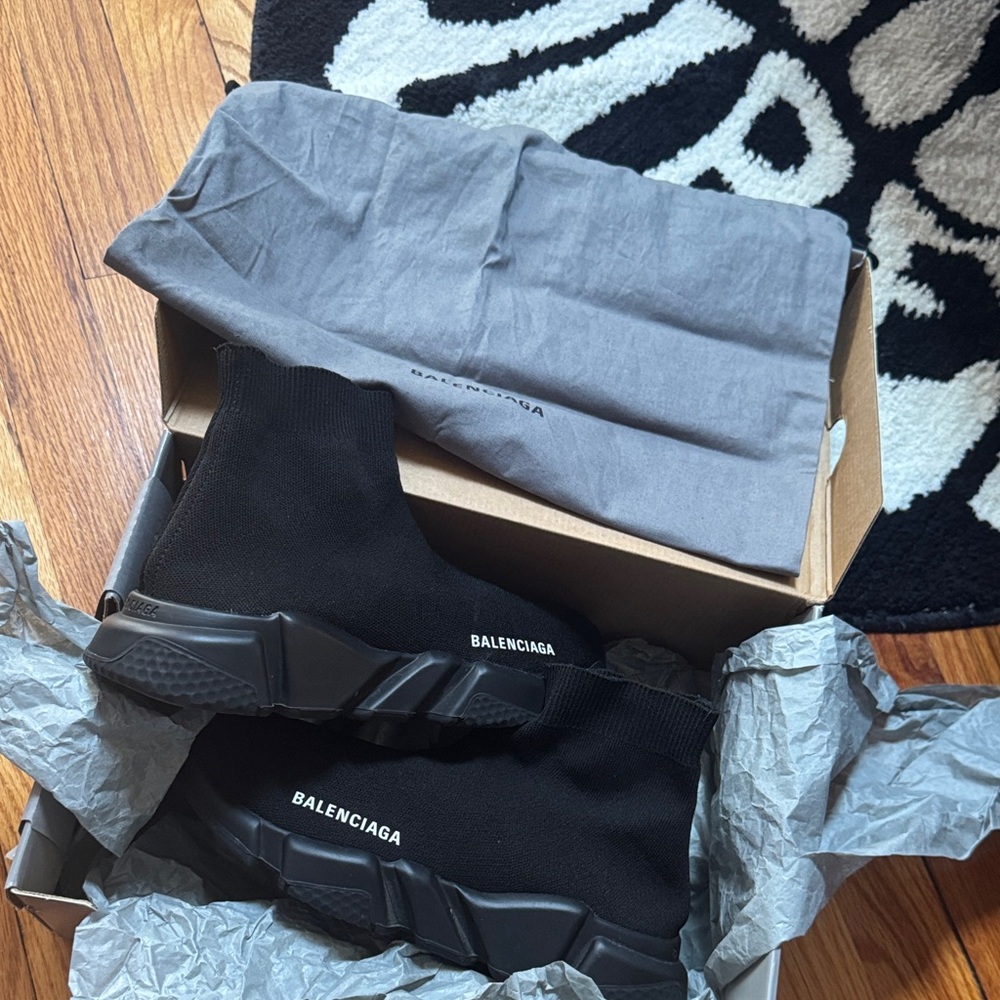 Balenciaga Black Knit Sock Sneakers with White Logo - Picture 1 of 7